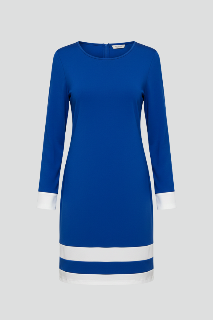 Elegant long-sleeve women's dress, knee-length, round neck, stylish contrast trim.