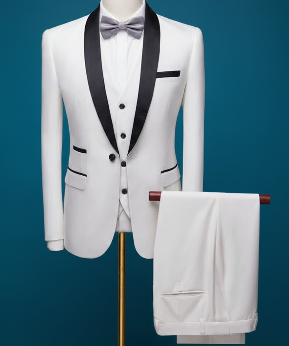 Men's fashion: Luxurious dark brown 3-piece suit with black shawl lapel for black tie events and special occasions.