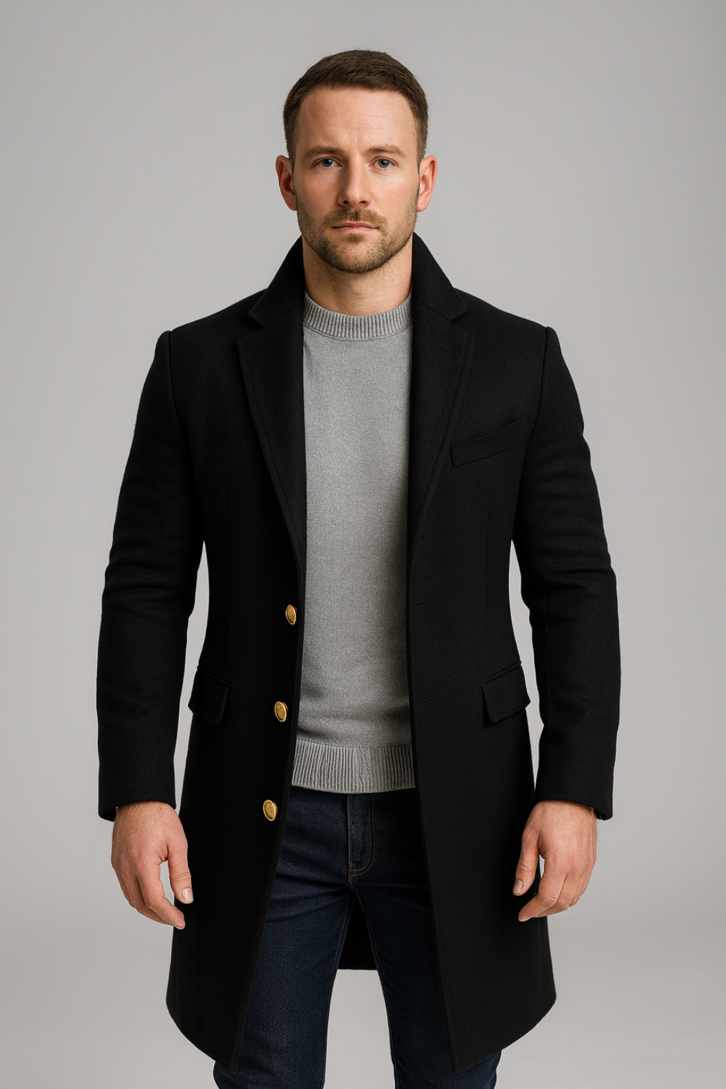 Elegant men's long black trench coat with shiny gold buttons, perfect for formal & smart casual autumn and winter wear.
