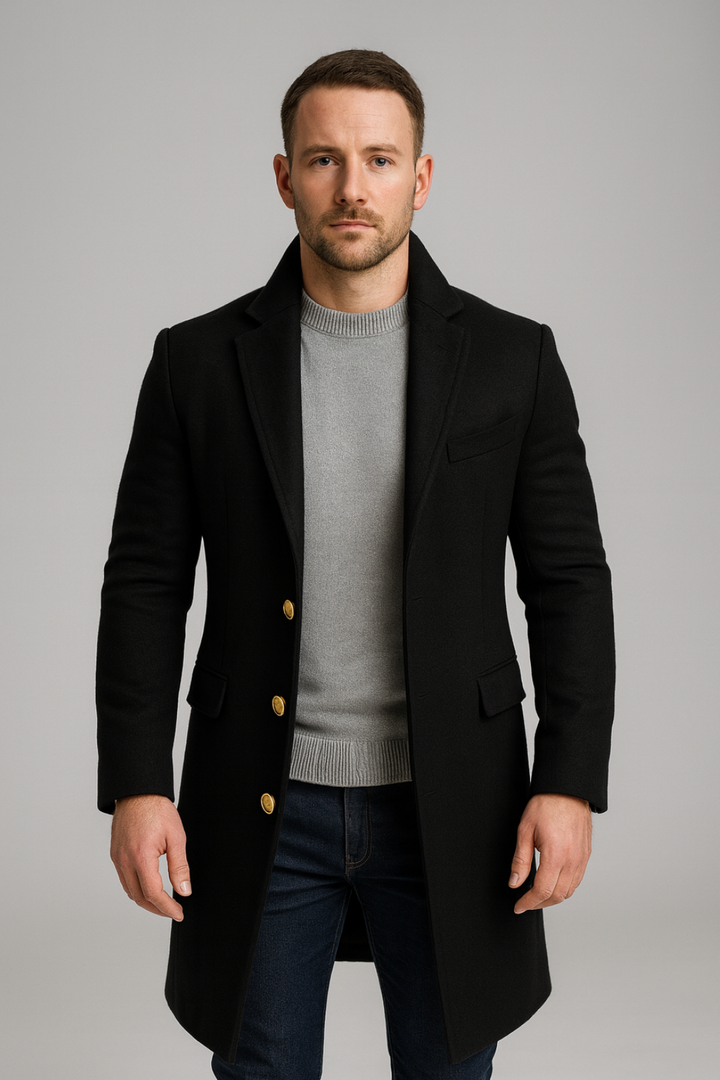 Elegant men's long black trench coat with shiny gold buttons, perfect for formal & smart casual autumn and winter wear.