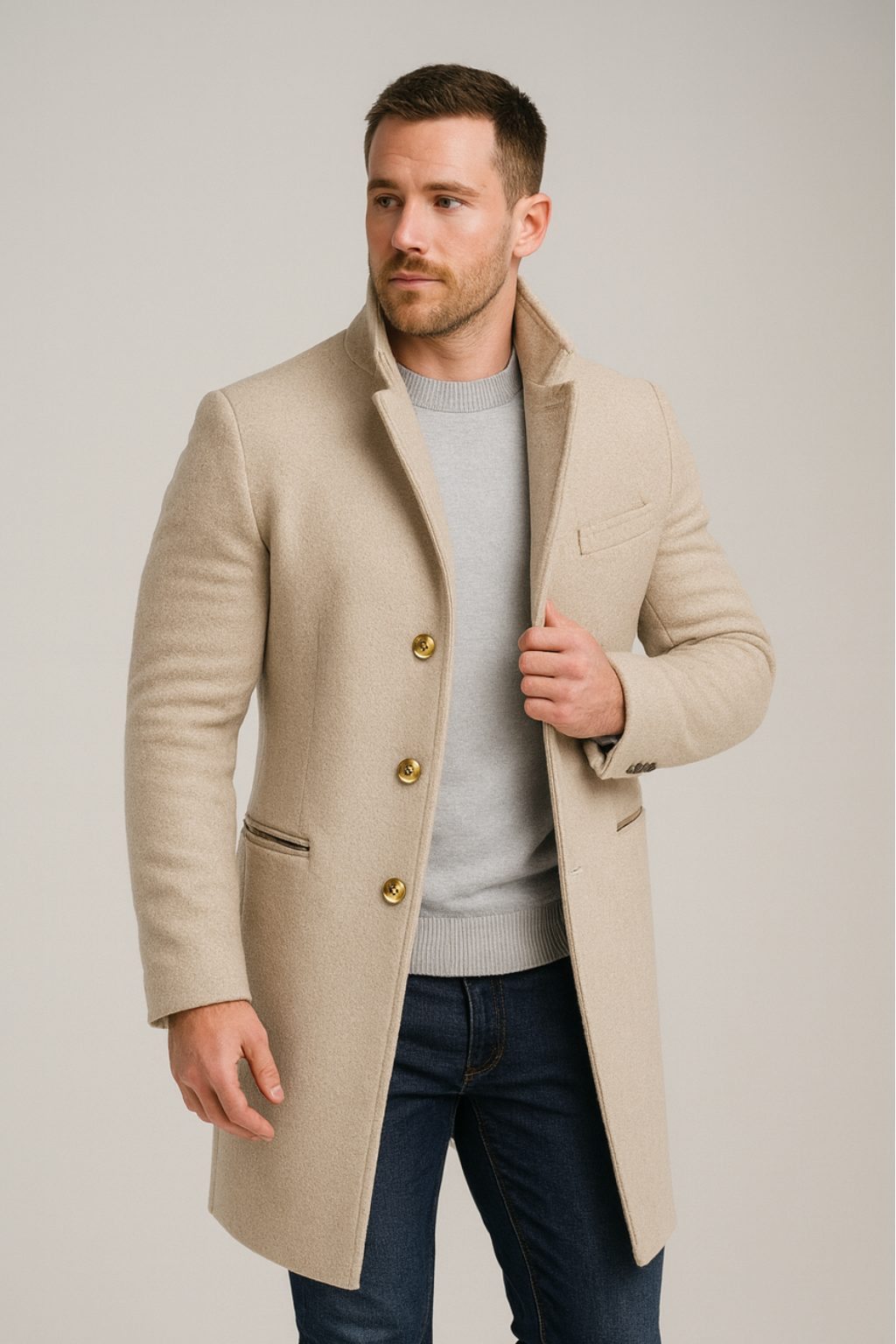 Tailored men's black long trench coat, featuring striking gold buttons; ideal professional outerwear for autumn & winter.