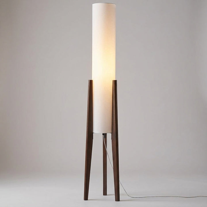 Scandinavian wooden LED floor lamp, ideal for modern living room decor and ambient light.