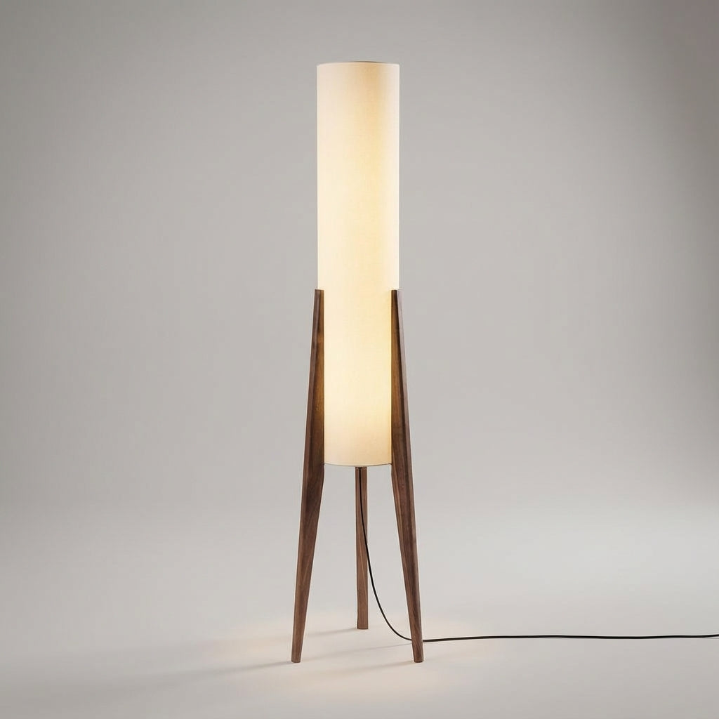 Wooden LED floor lamp, a modern Scandinavian lighting solution for comfortable living rooms.