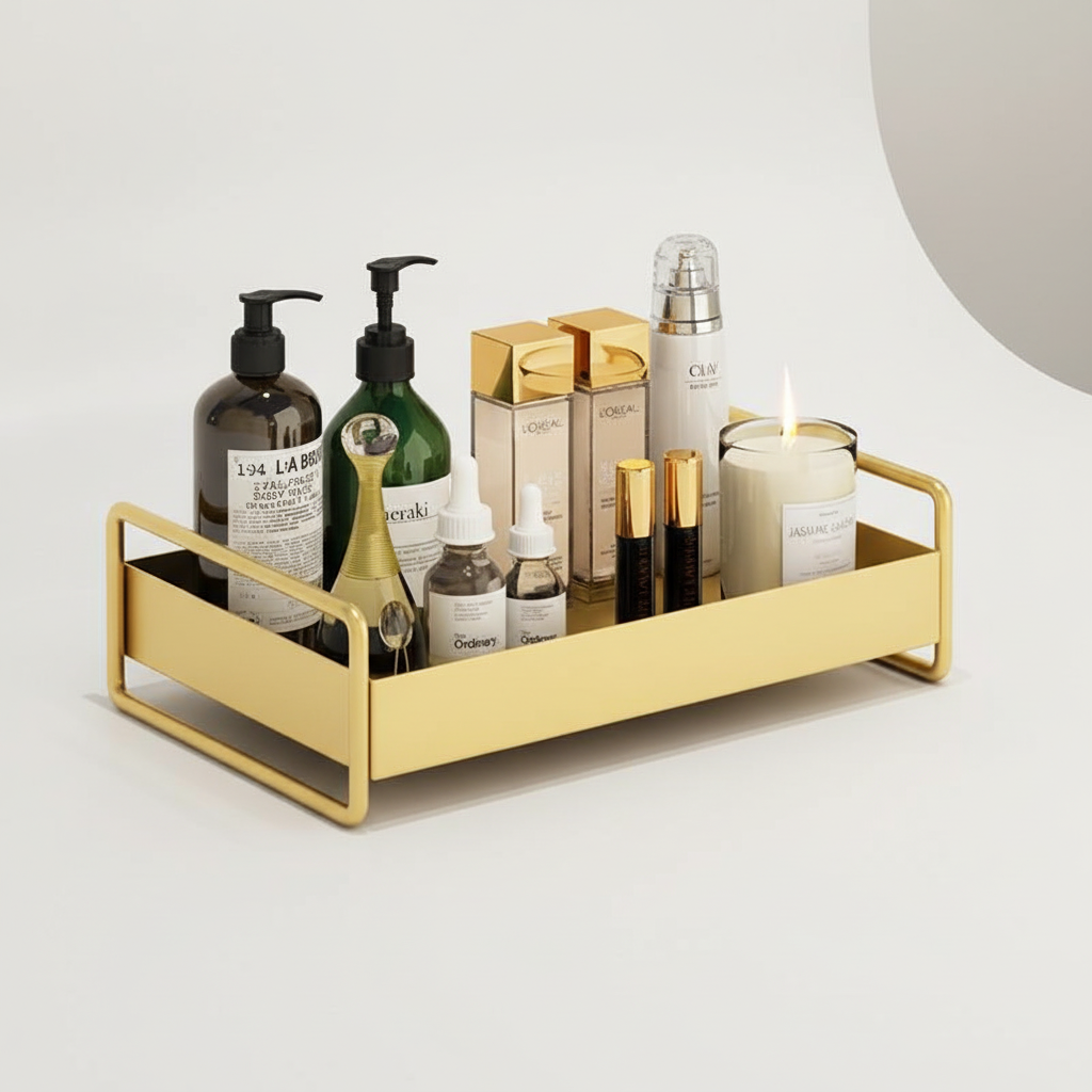 Gold GlamBoard vanity organizer tray. Keeps makeup & jewelry tidy on your dressing table.