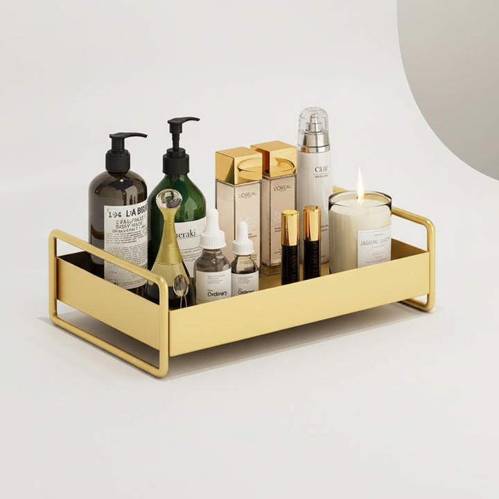 Gold GlamBoard vanity organizer tray. Keeps makeup & jewelry tidy on your dressing table.