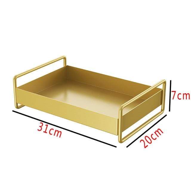Stylish gold decorative tray with modern design. Elegant storage solution for any room's decor.