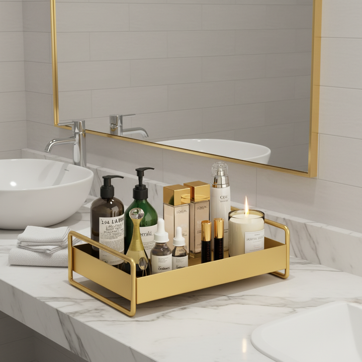 Versatile elegant organizer tray. Modern storage for vanity, bathroom, desk, or entryway.