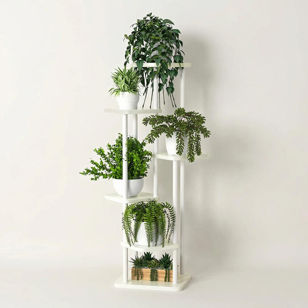 Elegant multi-layer oak plant stand for indoor garden display. Minimalist wooden shelf for home decor and storage.