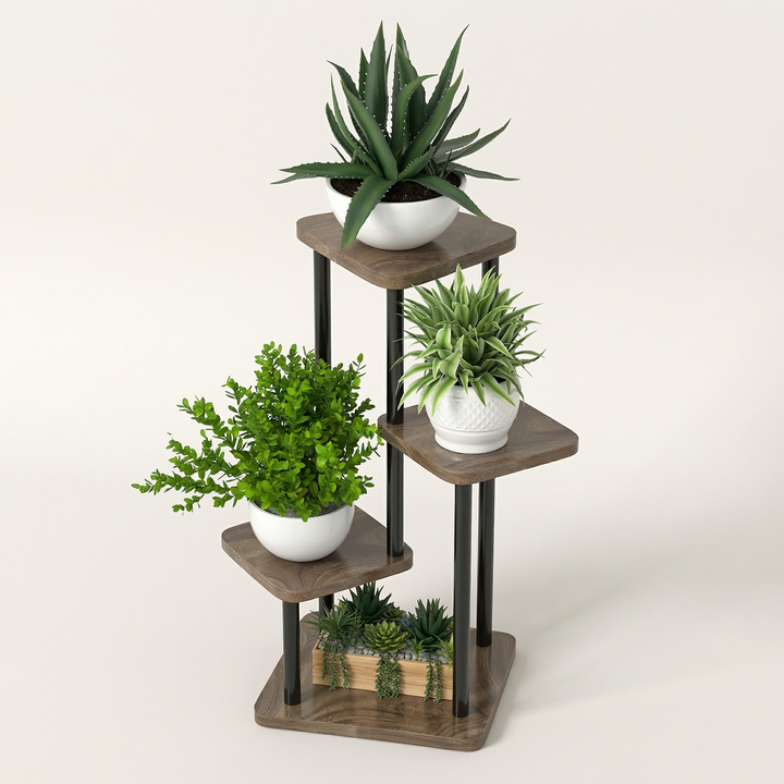 Decorative oak plant stand with multi-layer design. Elegant wooden shelf enhancing any indoor garden home decor.