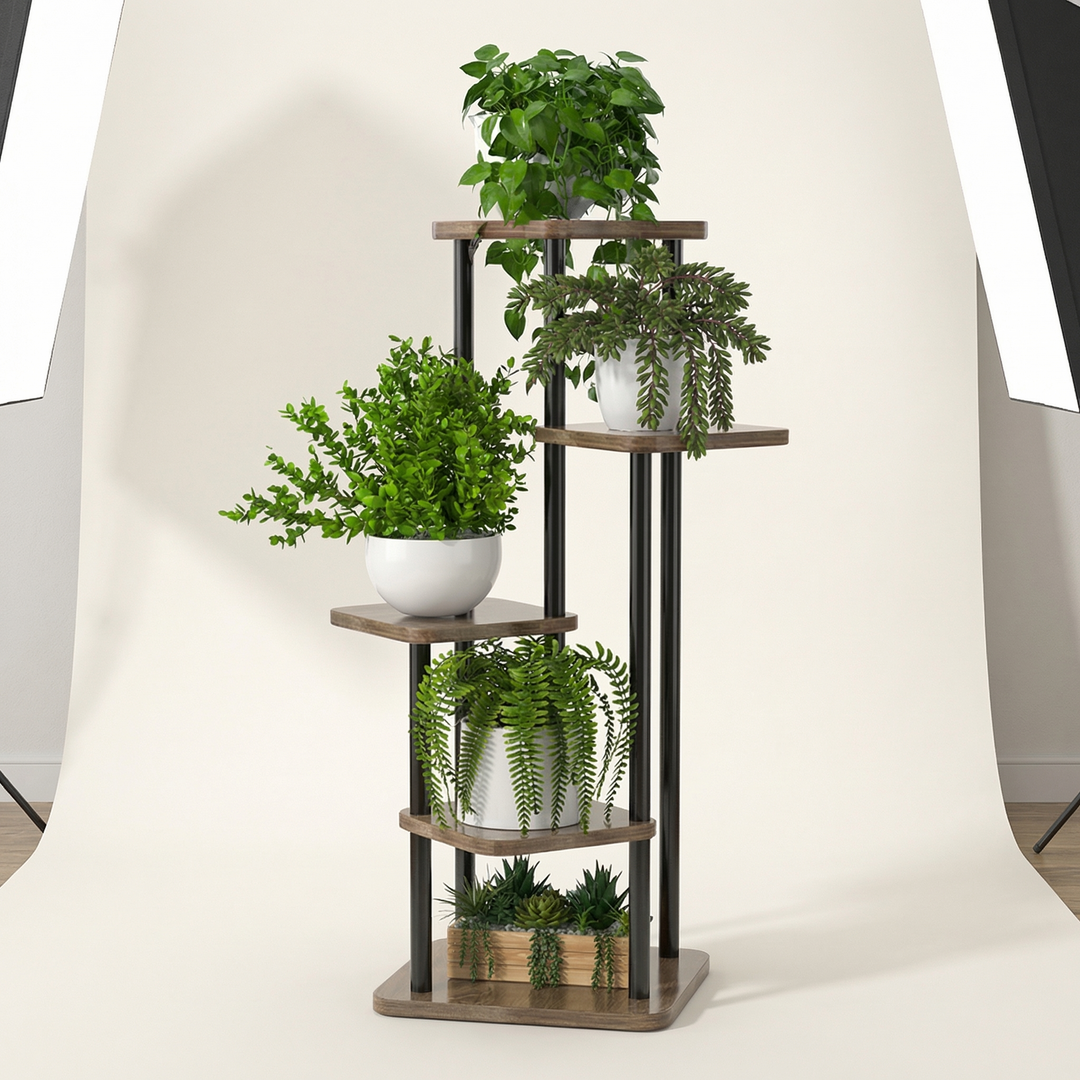 Functional multi-layer oak storage stand for plants. Elegant wooden display shelf, ideal for minimalist home decor.