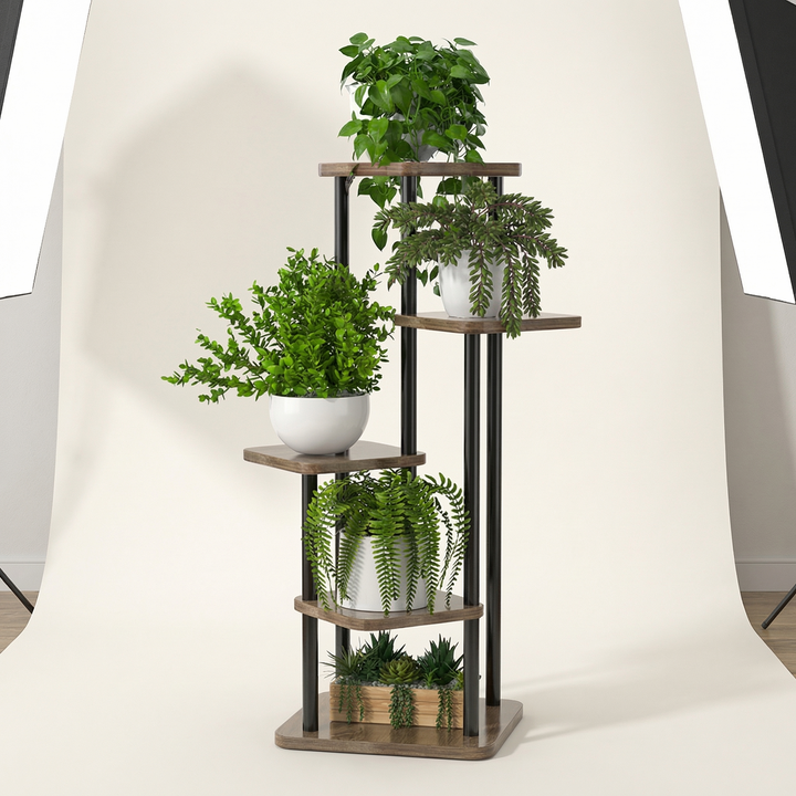 Functional multi-layer oak storage stand for plants. Elegant wooden display shelf, ideal for minimalist home decor.