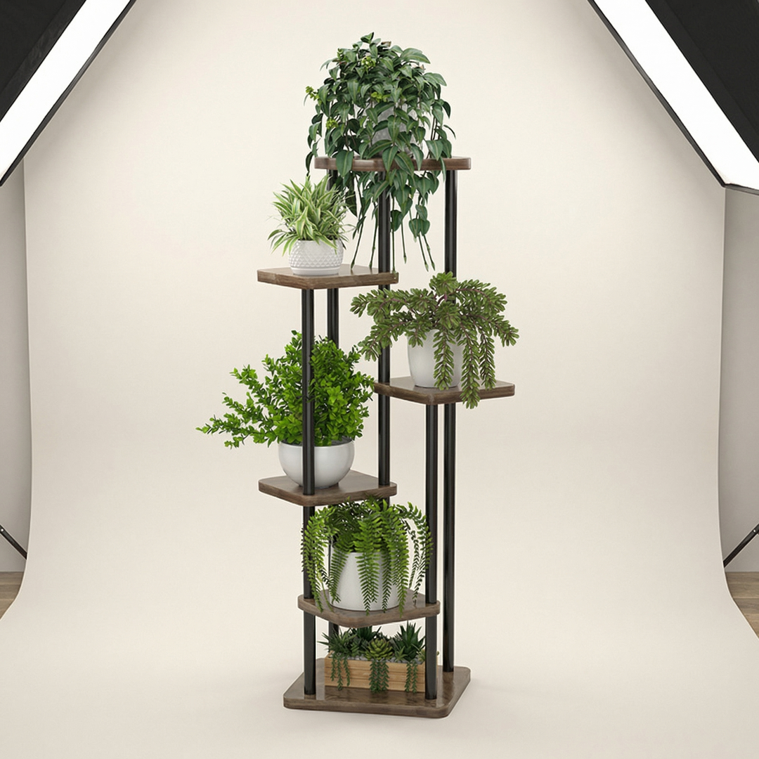 Stylish oak plant display stand, a multi-layer wooden shelf for elegant indoor garden and home decor storage.