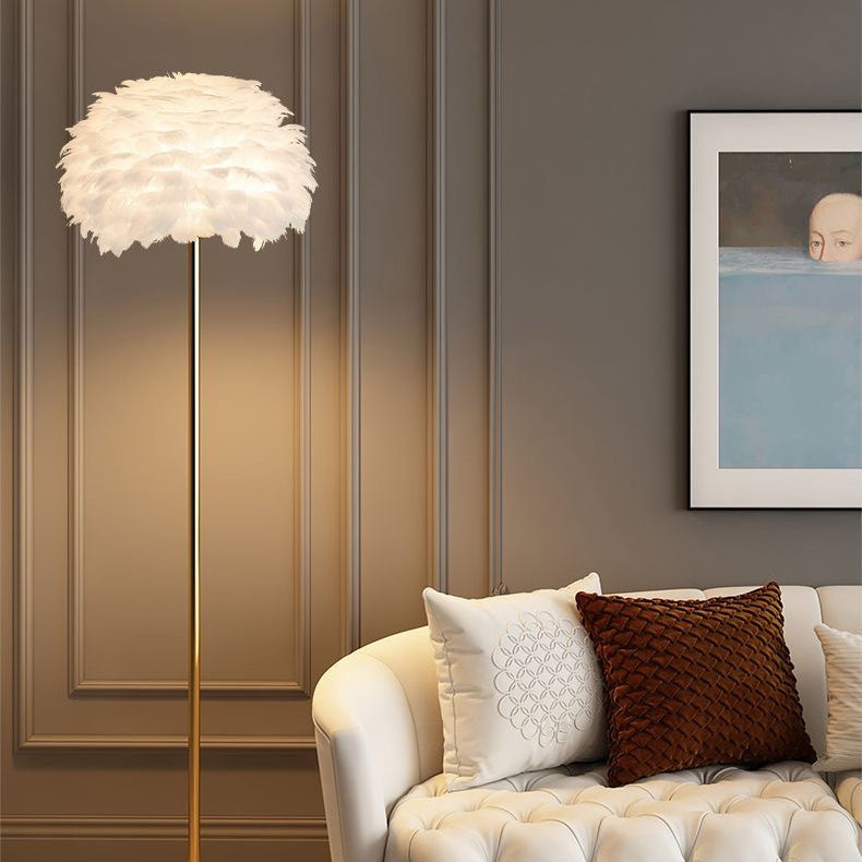 Elegant Nordic feather & crystal floor lamp, perfect for modern living room decor.