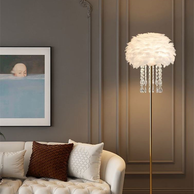 Luxurious feather & crystal floor lamp, Nordic design for bedroom or living room ambient lighting.