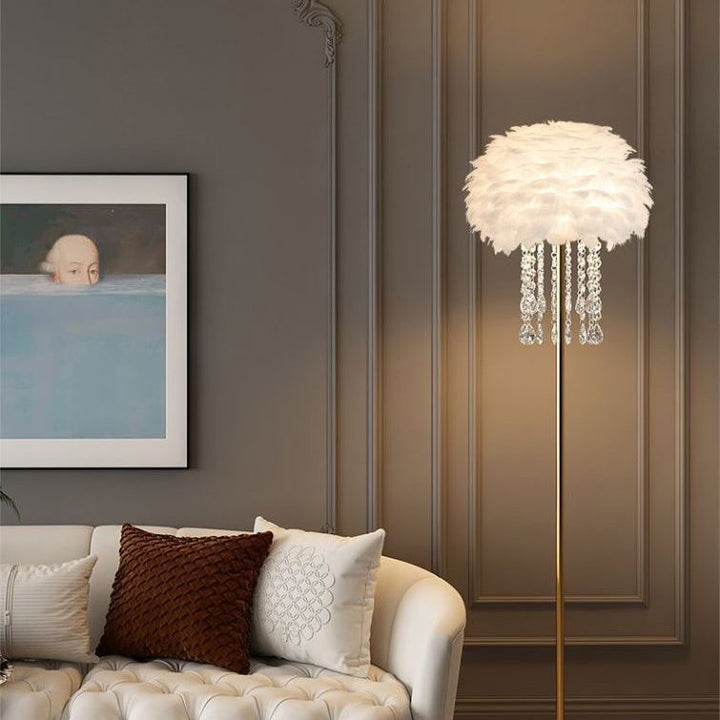 Luxurious feather & crystal floor lamp, Nordic design for bedroom or living room ambient lighting.