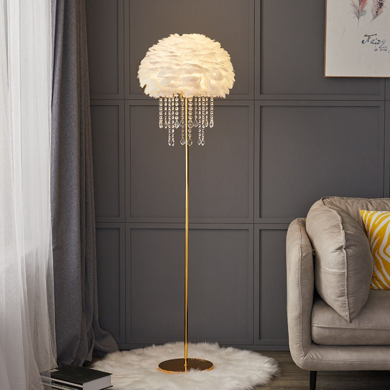 Full view of a sleek Nordic feather floor lamp with crystal base, ideal for modern decor.