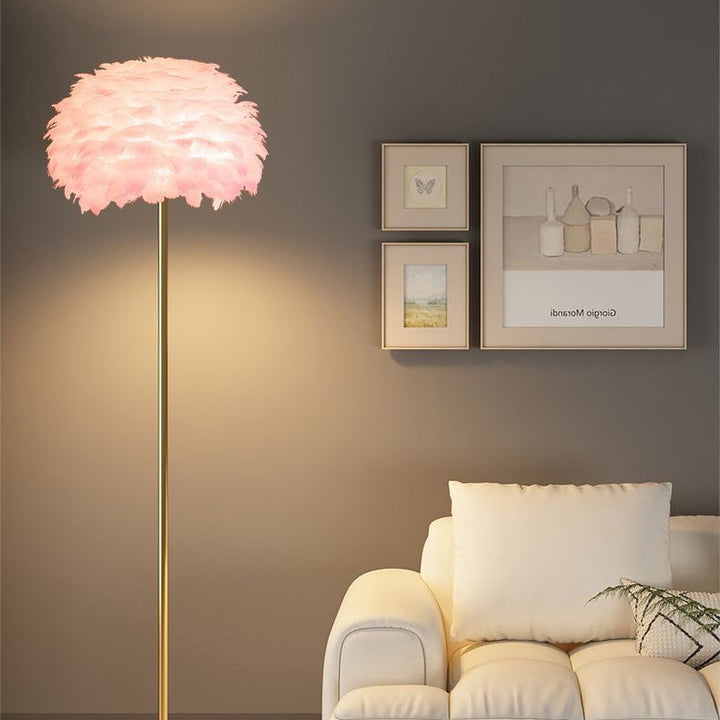 Ambient lighting from an elegant Nordic feather & crystal floor lamp, enhancing room decor.