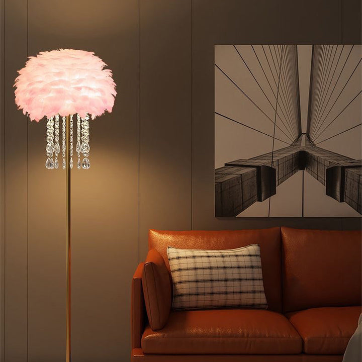 Tall feather floor lamp with shimmering crystal base, a Nordic-style elegant standing light.