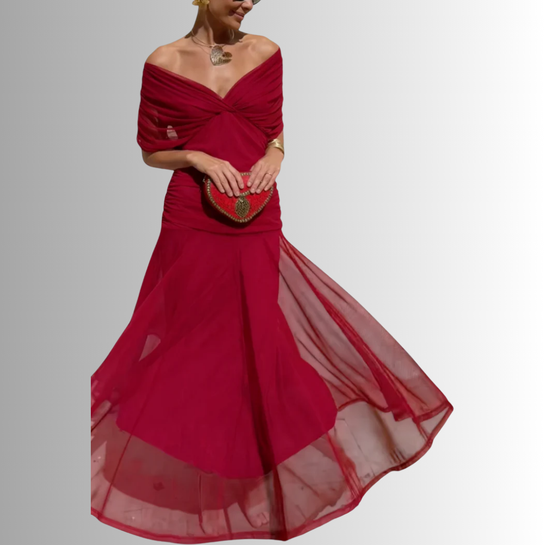 Chic women's off-shoulder party maxi dress, ideal for evening celebrations, galas & formal occasions.