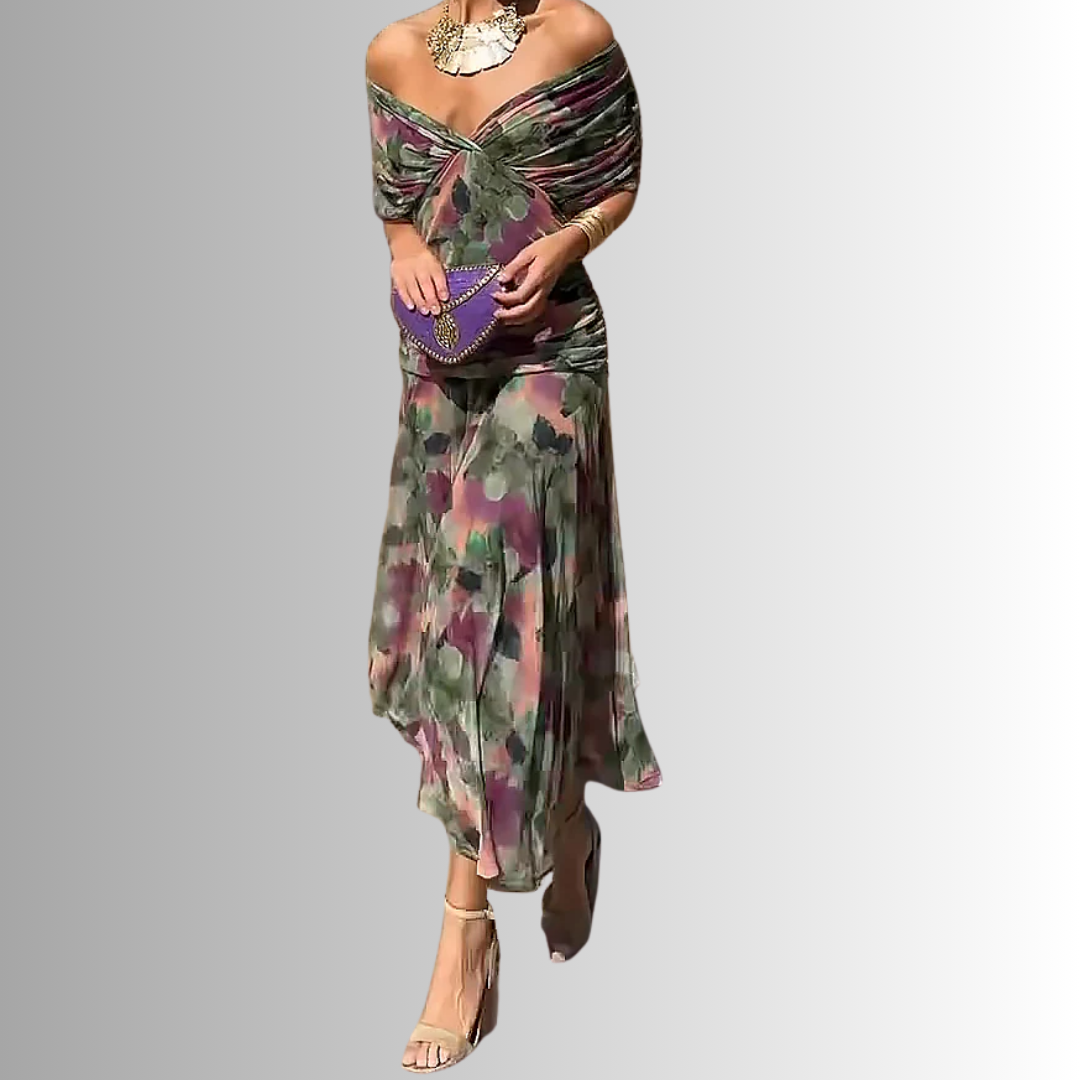 Women's elegant off-shoulder evening maxi dress, a long formal special occasion gown for any party.