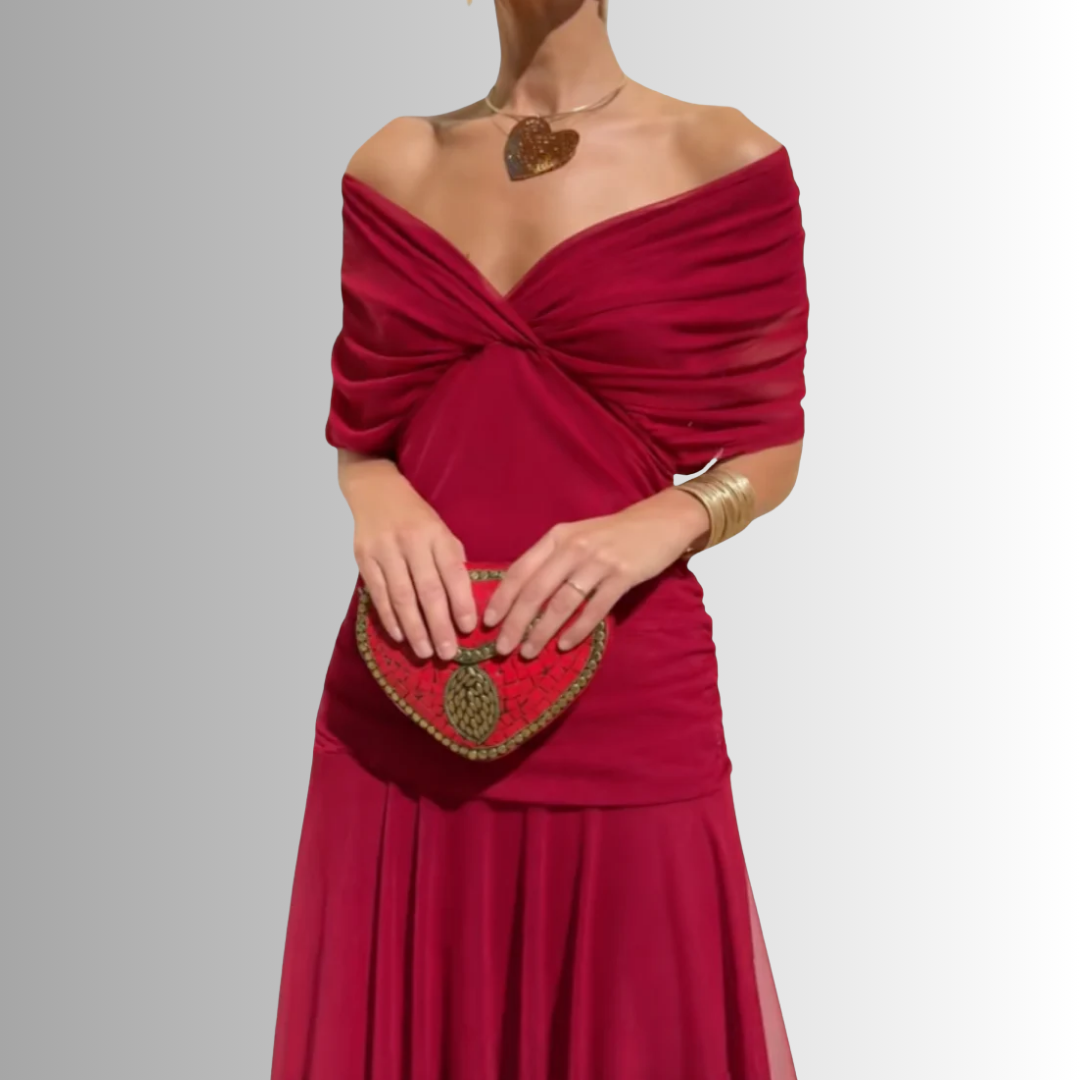 Stunning off-shoulder formal maxi dress, an elegant choice for galas, evening events & sophisticated parties.