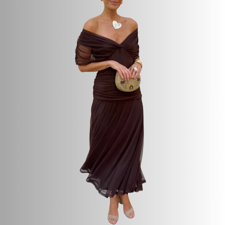 Full-length elegant off-shoulder maxi dress for women, perfect for special occasion parties & formal events.