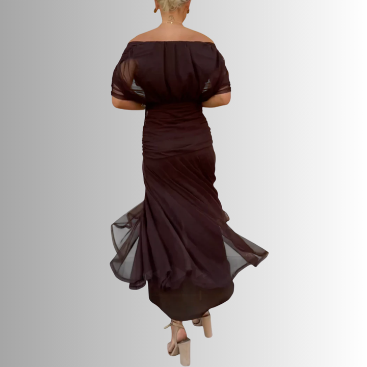 Sophisticated women's off-shoulder evening maxi dress, a perfect formal party gown for galas & weddings.