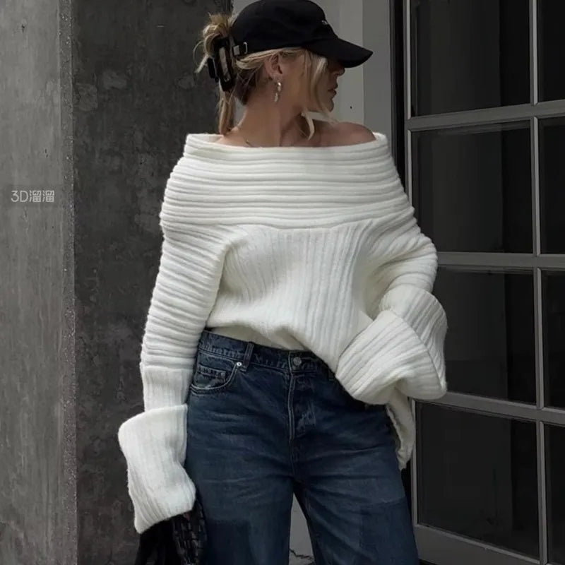 Women's versatile off-shoulder sweater in a cozy ribbed knit design, ideal for autumn fashion