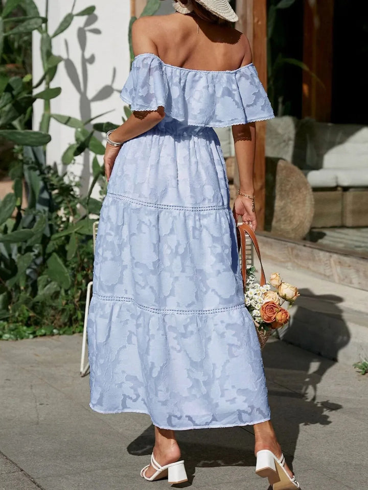 Chic tiered midi dress with off-shoulder detail. A must-have formal dress for women's special occasions.