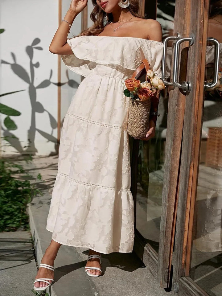 Women's sophisticated off-shoulder tiered midi. A chic formal dress for special occasion parties.
