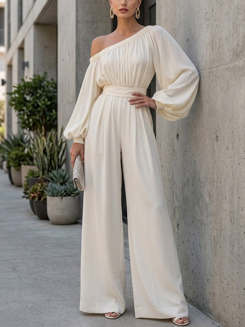 Sophisticated off-shoulder white maxi dress, elegant bishop sleeves, perfect for a garden party or resort.