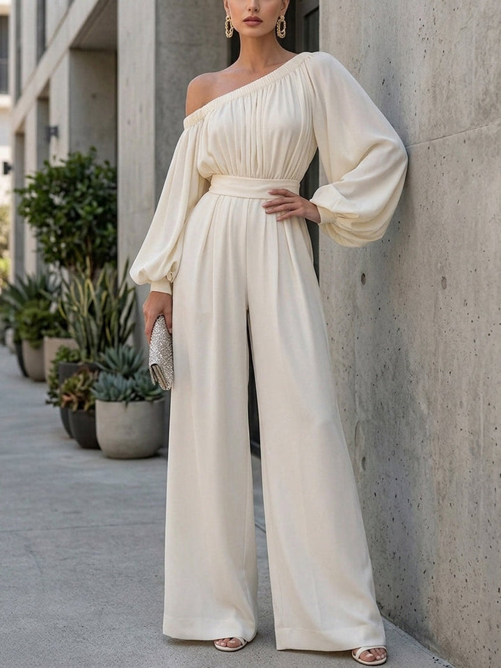 Sophisticated off-shoulder white maxi dress, elegant bishop sleeves, perfect for a garden party or resort.
