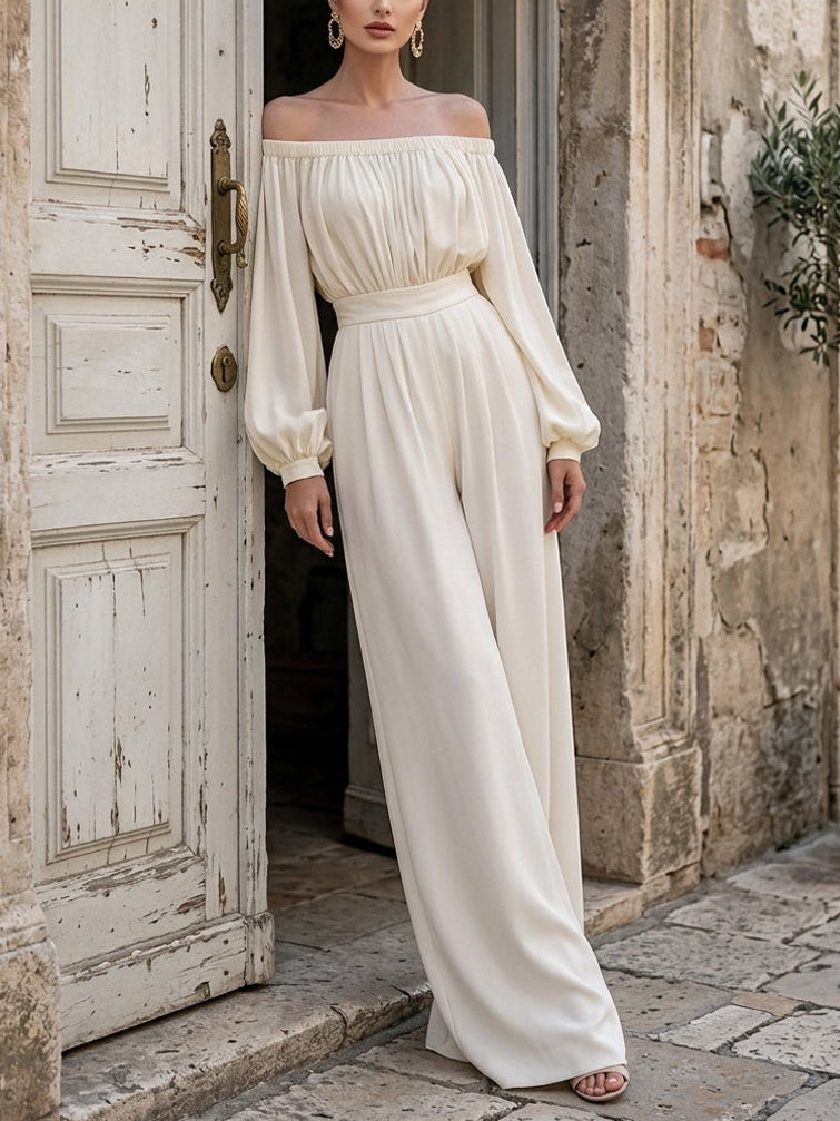 Beautiful white off-shoulder maxi dress for women, featuring trendy bishop sleeves, ideal for formal fashion.