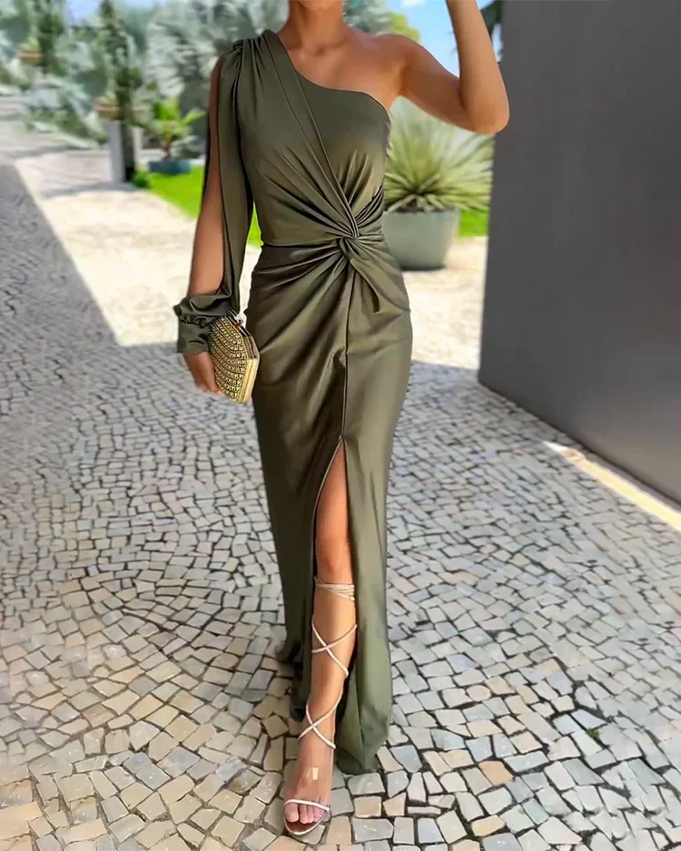 Elegant olive maxi wedding guest dress with a chic twist-front detail, perfect for formal occasions & evening parties.