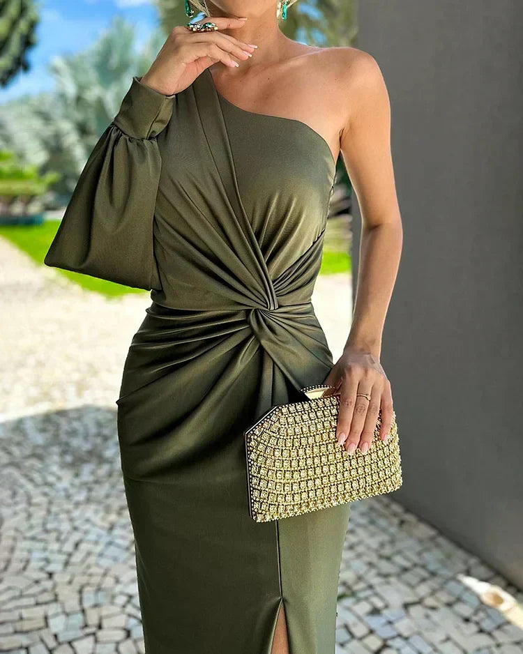 Chic olive one-shoulder maxi dress for women, featuring an elegant twist-front, ideal as a formal wedding guest or party dress.