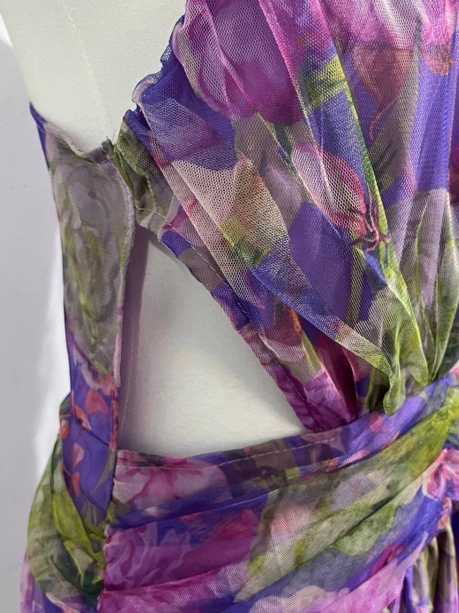 Flowy one-shoulder floral maxi dress with a high slit, comfortable yet stylish for any occasion.