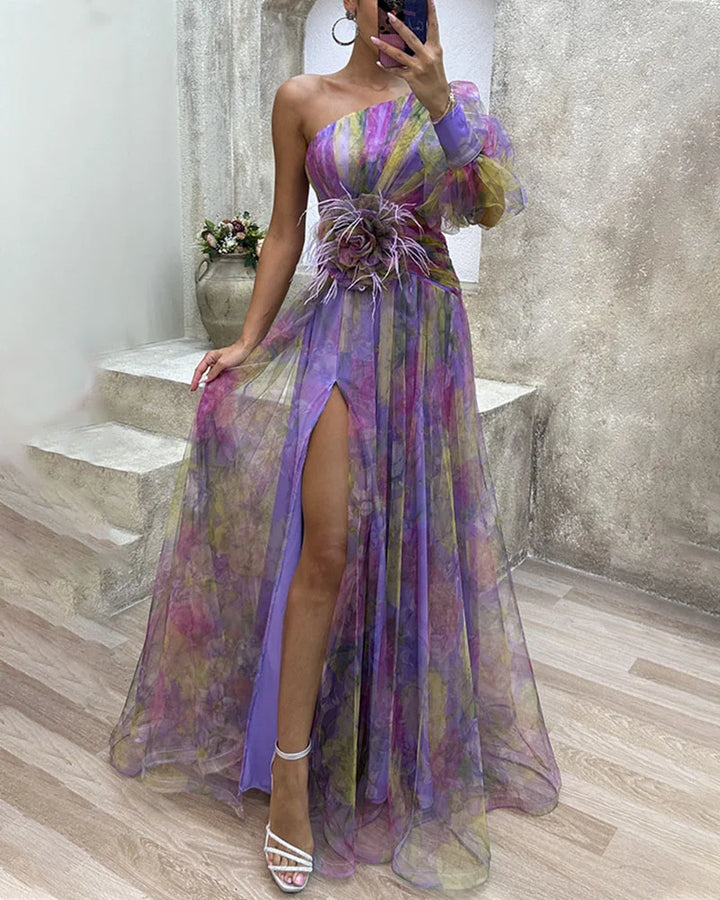 Vibrant one-shoulder floral maxi dress with high slit for women, ideal for parties, vacations, or evening.
