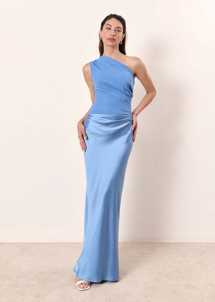 High-fashion women's one-shoulder cocktail dress, offering a sleek and refined evening look