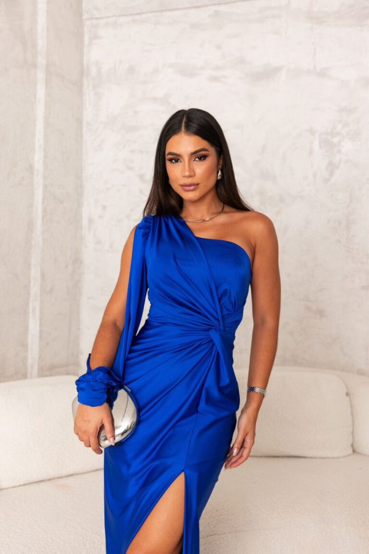 One-shoulder long wedding guest dress. Women's elegant maxi gown for formal parties & special occasions.