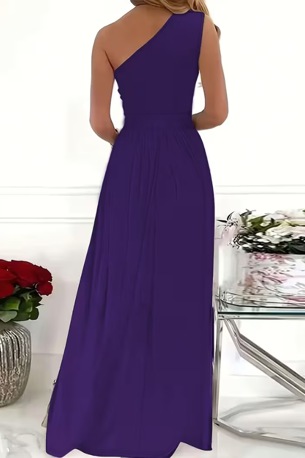 Flowing hem of a long, elegant one-shoulder maxi dress, perfect for formal occasions & parties.