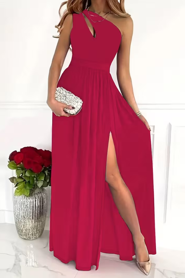 Sophisticated black one-shoulder maxi dress for women, elegant special occasion & evening wear.