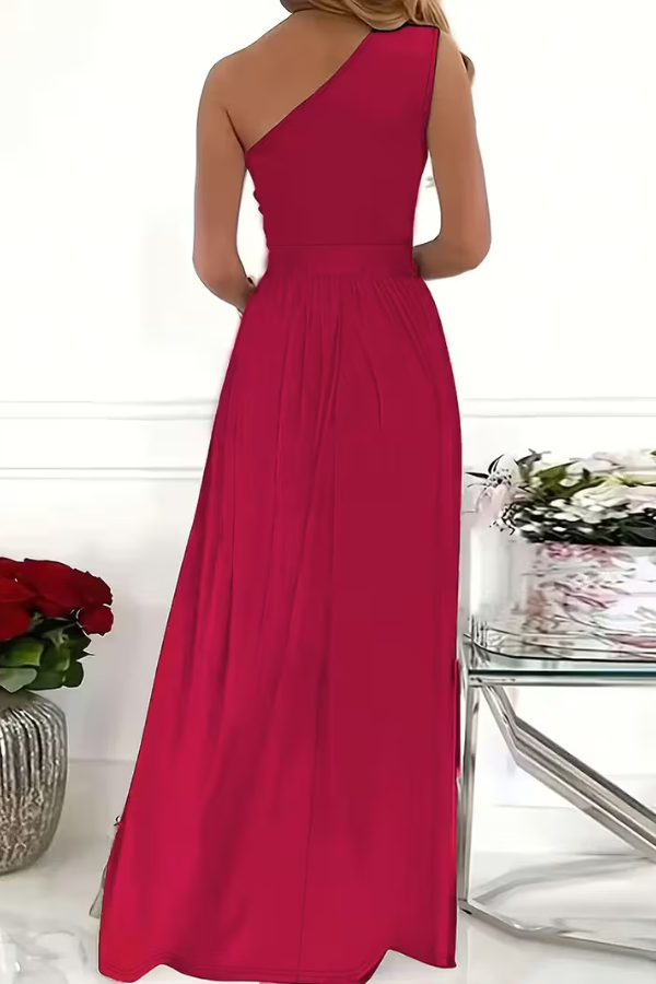 Elegant one-shoulder maxi dress for women, chic celebration wear for formal special occasions.