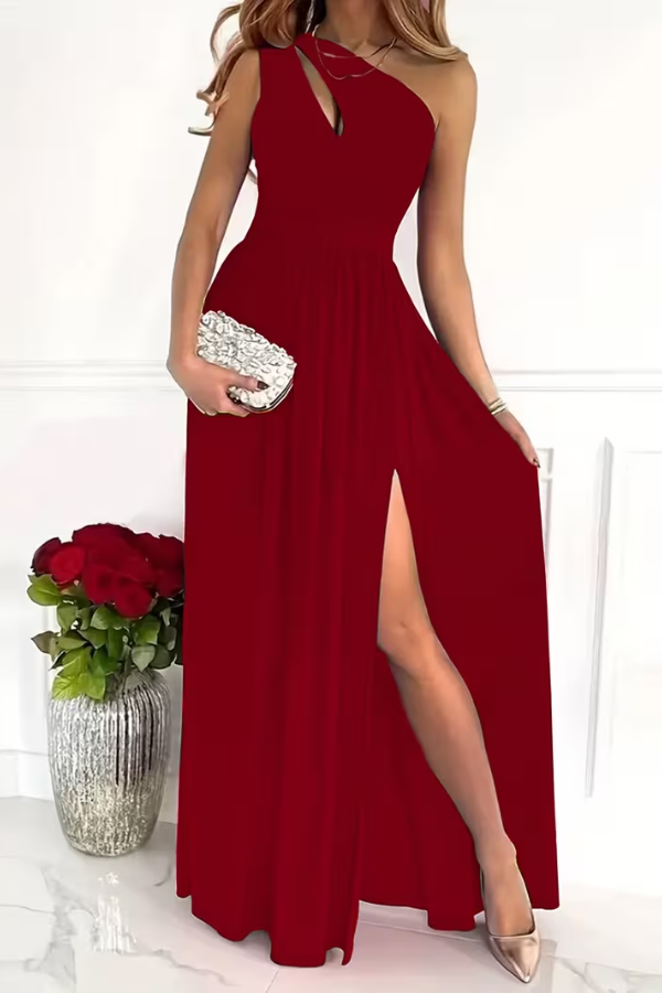 Flowing fabric of a women's long one-shoulder maxi dress, perfect for formal party wear.