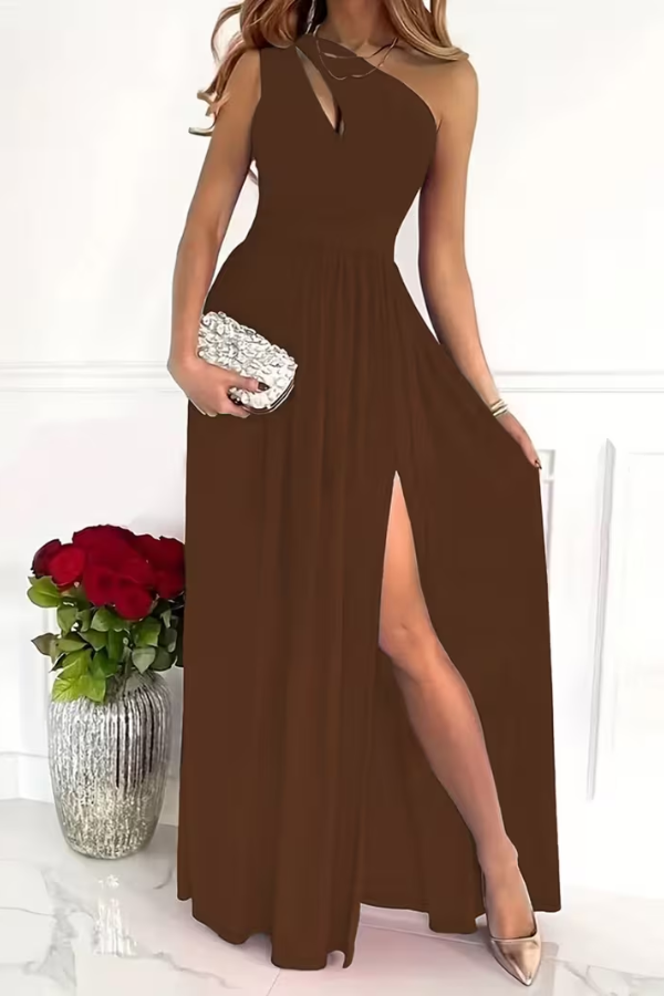 Side profile of an elegant one-shoulder maxi dress for women, a stylish choice for special occasions.