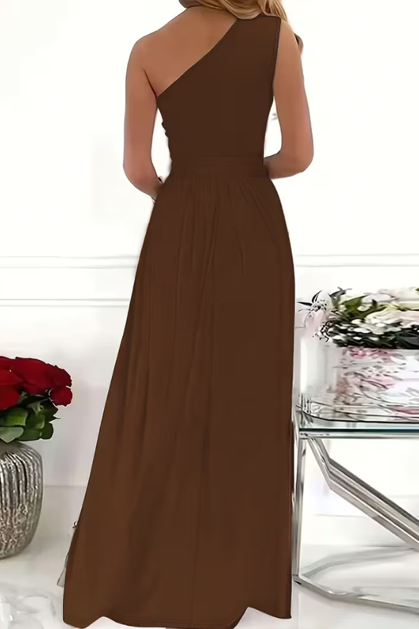Back view of an elegant women's long one-shoulder evening dress, perfect for formal events.