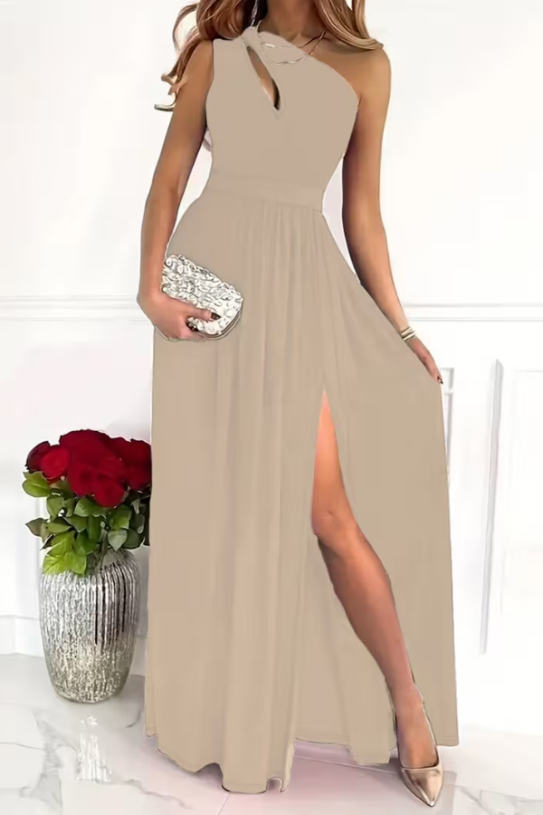 Model wearing an elegant one-shoulder maxi dress, perfect women's special occasion & party wear.