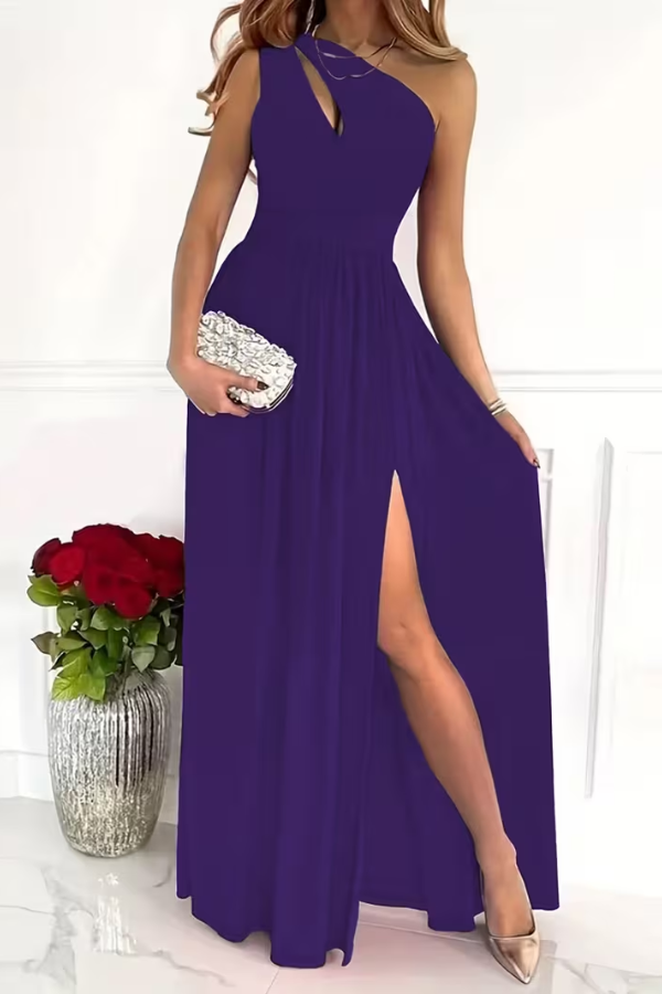 Close-up: Asymmetrical one-shoulder neckline detail on an elegant women's evening maxi dress.