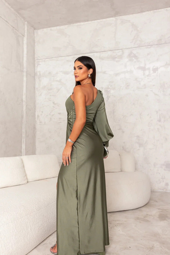 Elegant black one shoulder ruched evening dress for sophisticated parties.