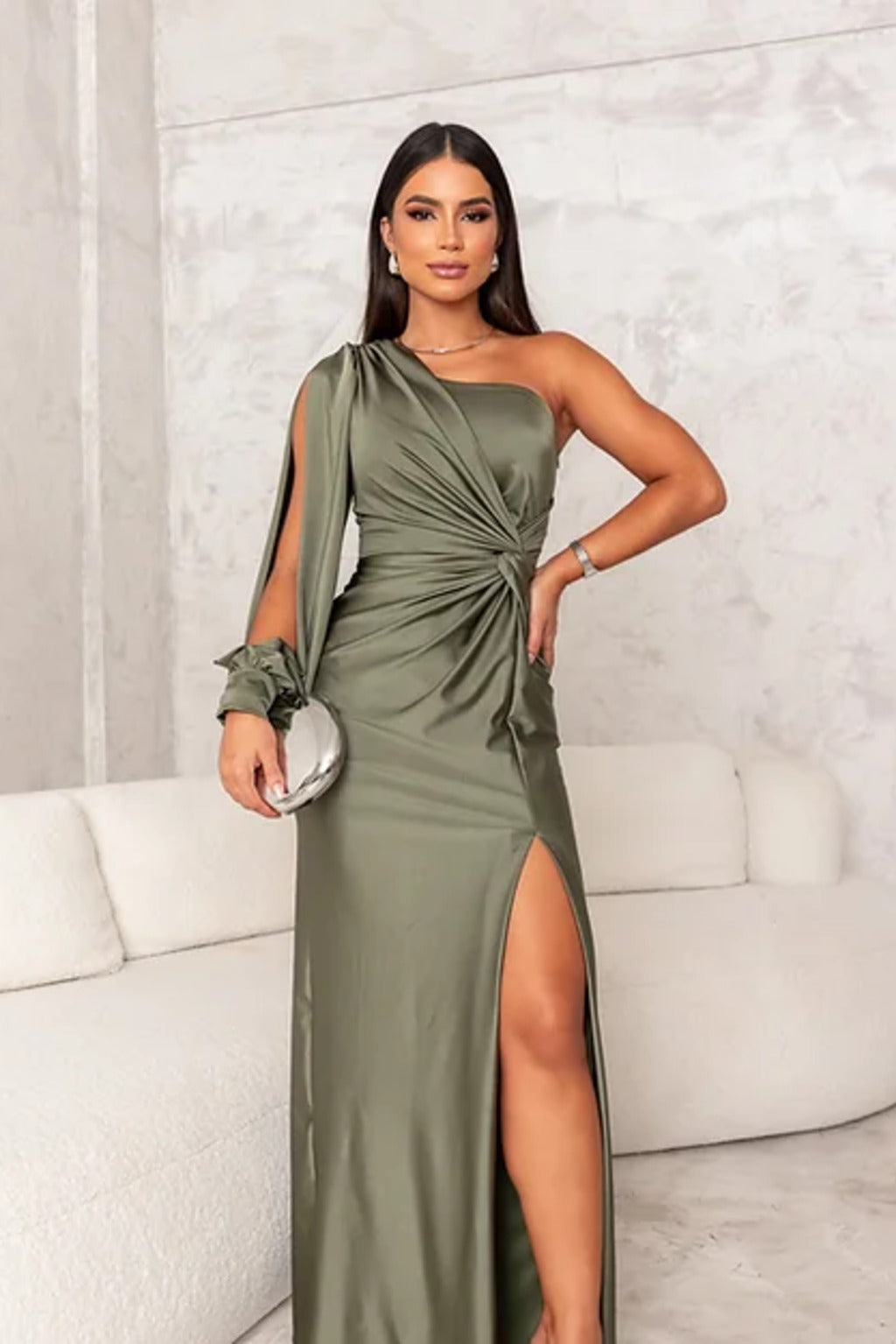 Beautiful long ruched maxi gown, an ideal formal wedding guest outfit.