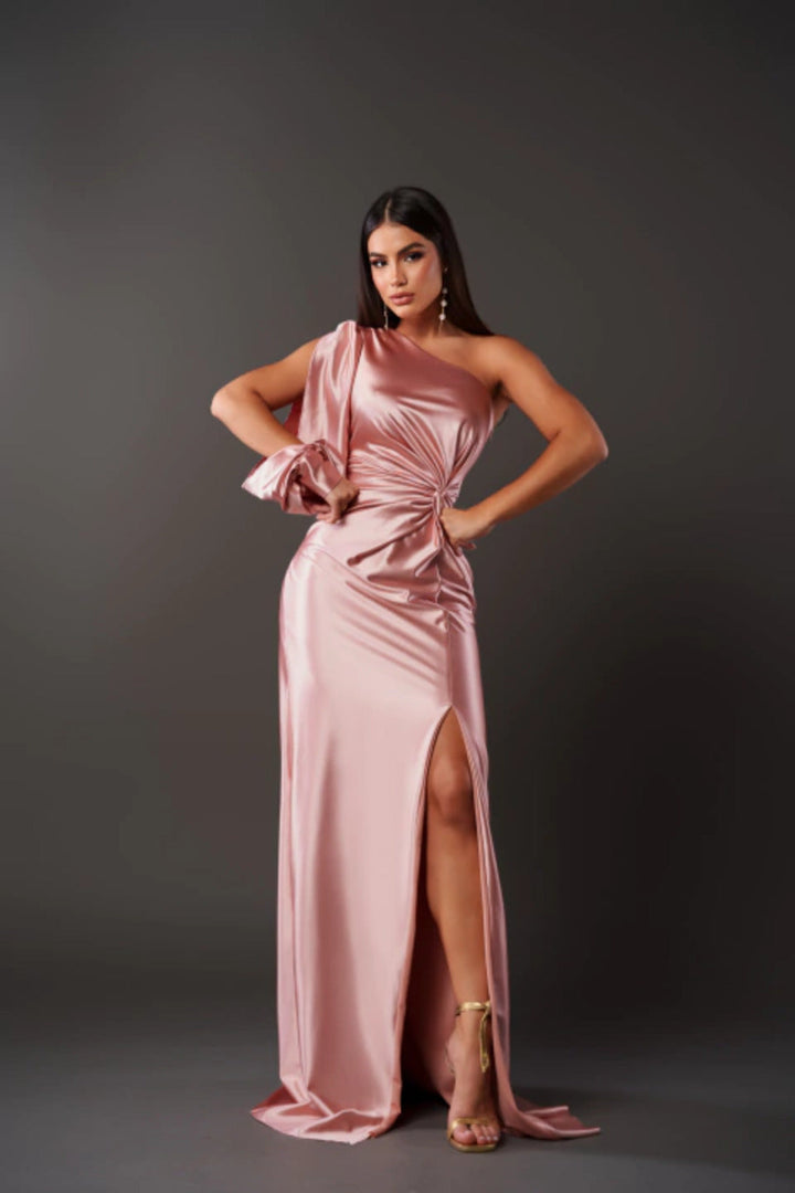 Gorgeous navy one shoulder formal dress, a flowing and elegant party choice.
